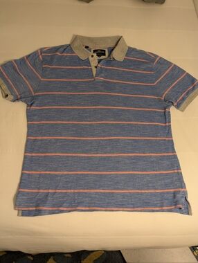 Rodd & Gunn Blue Stripe Polo with Gray Collar and Peachy/Pink Accents Sports Fit